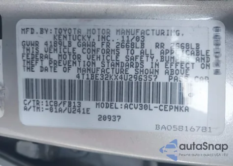 2004 Toyota Camry Le из США, поврежденный, VIN 4T1BE32KX4U296357